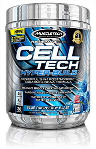 Creatine + BCAA Post Workout Electrolyte Powder | MuscleTech Cell-Tech Hyperbuild | Post-Workout Recovery Drink with Creatine Monohydrate + BCAAs Amino Acids | Blue Raspberry Blast (30 Servings)