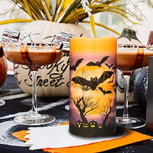 Load image into Gallery viewer, DRomance Flameless Flickering Candles Battery Operated with 6 Hour Timer, Set of 3 Real Wax LED Pillar Candles Warm Light with Castle, Witch, Bats Decal Halloween Decor Candles for Kids(D3&quot; x H6&quot;)
