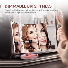 Load image into Gallery viewer, EASEHOLD Makeup Vanity Mirror with 2X 3X Magnifying Dimmable 21 LED Lighted Desk Mirror Adjustable 180 Degree Rotation Touch Screen Dual Power Supply Countertop Portable Tri-Fold Mirror
