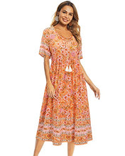 Load image into Gallery viewer, Arach&amp;Cloz Women's Boho Tie Neck Printed Short Sleeve Floral Summer Loose Tassels Casual Midi Dress with Pockets (Floral01,S)
