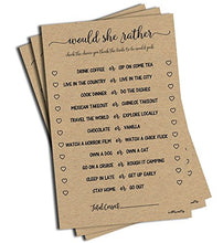 Load image into Gallery viewer, Would She Rather Game - Kraft (50-Sheets) Rustic Bridal Wedding Shower or Bachelorette Party Game, Printed Engagement Rehearsal (Large Size Sheets)
