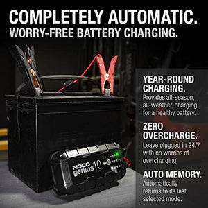 NOCO GENIUS10, 10-Amp Fully-Automatic Smart Charger, 6V and 12V Portable Battery Charger, Battery Maintainer, Trickle Charger, and Battery Desulfator with Temperature Compensation