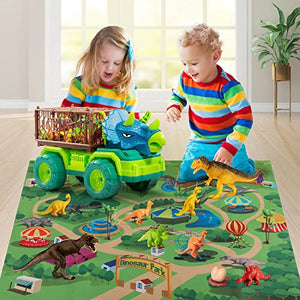 TEMI Dinosaur Truck Toy for Kids 3-5 Years, Triceratops Transport Car Carrier Truck with 8 Dino Figures, Activity Play Mat, Dino Eggs and Trees, Capture Jurassic Dinosaur Play Set for Boys and Girls