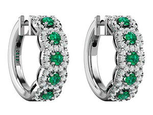 14K White Gold 0.37 Carat Natural Diamond (H-I Color, SI2-I1 Clarity) & Natural Emerald Hoop Earrings for Women