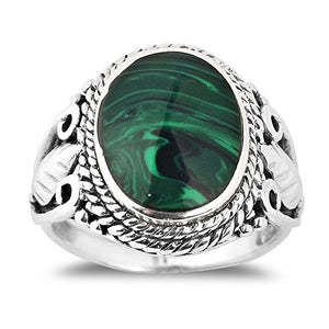 AeraVida Vintage Inspired Round Green Malachite Nature .925 Sterling Silver Ring (9)