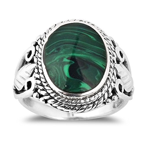 AeraVida Vintage Inspired Round Green Malachite Nature .925 Sterling Silver Ring (9)