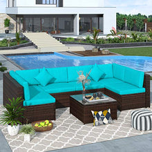 Load image into Gallery viewer, Merax 7 Pieces Patio, Weather PE Sectional Garden Furniture Corner Sofa Set for Backyard and Pool, Blue+Rattan
