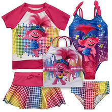 Load image into Gallery viewer, Toddler Girl Trolls 5 Piece Mix and Match One Piece Tankini Rash Guard Rashguard Swim Shirt Swimsuit Set 2T
