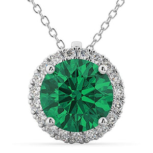 (2.29ct) 14k White Gold Halo Round Emerald and Diamond Accented Pendant Necklace