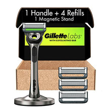 Load image into Gallery viewer, Gillette Mens Razor with Exfoliating Bar by GilletteLabs, Shaving Kit for Men, Includes 1 Handle, 4 Razor Blade Refills, 1 Premium Magnetic Stand
