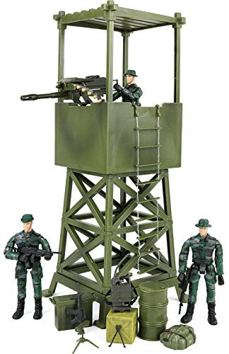 Click N' Play Military Lookout Watch Tower 16 Piece Play Set with Accessories. , Green