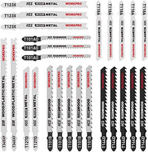 Load image into Gallery viewer, WORKPRO 25-piece T-Shank Jig Saw Blade Set with Storage Case, Made with HCS/HSS/BIM, Assorted Blades for Wood, Plastic and Metal Cutting
