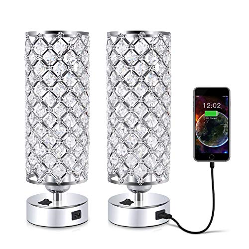 Crystal Table Desk Lamp with USB Port, Acaxin Elegant Bedside Light with Crystal Shade, Glam Lamps for Bedrooms, Decorative Lamp, Nightstand Lamp for Bedroom/Living Room/Dressing Room (Set of Two)