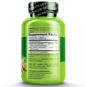 NATURELO Ashwagandha Organic Root Powder - Natural Herbs Supplement - Best for Mental Stress Relief, Mood Enhancer, Thyroid Support - with Black Pepper Extract - 90 Vegan Capsules