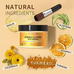 Turmeric Vitamin C Clay Mask, SHVYOG Vitamin C Clay Facial Mask with Kaolin Clay and Turmeric for Dark Spots, Turmeric Facial Mask Skin Care Mask for Controlling Acne, Oil and Refining Pores