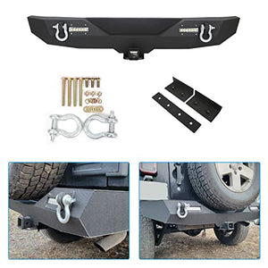 Rear Bumper Compatible with 2007-2018 Jeep Wrangler JK & Unlimited Rock Crawler Bumper w/2" Hitch Receiver, D-Ring, LED Lights (Textured Black)