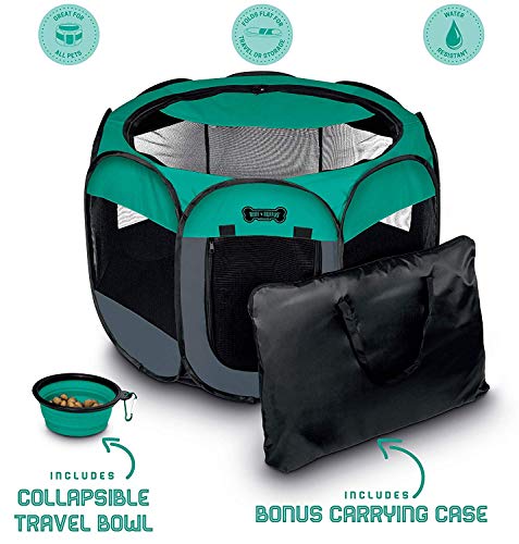 Ruff 'n Ruffus Portable Foldable Pet Playpen + Carrying Case & Collapsible Travel Bowl (Extra Large (48