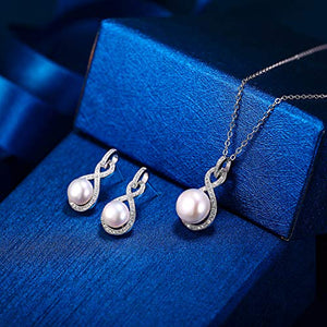 EleQueen 925 Sterling Silver CZ AAA Button Cream Freshwater Cultured Pearl Bridal Jewelry Necklace Earrings Set Ivory