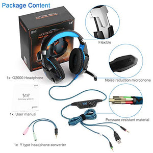 Gaming Headset with Mic for PC,PS4,Xbox One,Over-Ear Headphones with Volume Control LED Light Cool Style Stereo,Noise Reduction for Laptops,Smartphone,Computer (Black & Blue)