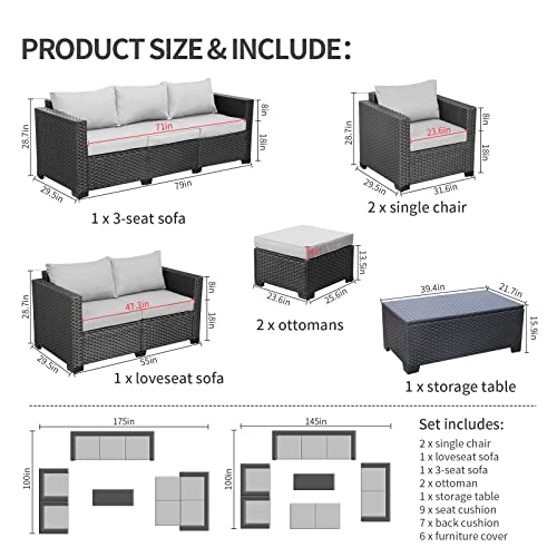 Load image into Gallery viewer, Patio Wicker Furniture Set 7 Pieces Outdoor PE Rattan Conversation Couch Sectional Chair Sofa Set with Grey Cushion