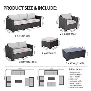 Patio Wicker Furniture Set 7 Pieces Outdoor PE Rattan Conversation Couch Sectional Chair Sofa Set with Grey Cushion