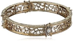 1928 Jewelry "Golden Glitz" Gold-Tone Crystal Filigree Stretch Bracelet, 7"