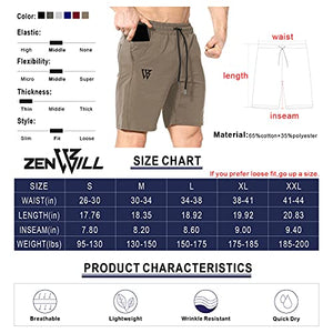 ZENWILL Mens Gym Running Shorts, Workout Athletic Bodybuilding Fitness Shorts with Zip Pockets (Small, Beige)