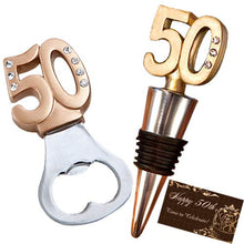 Load image into Gallery viewer, Fashioncraft 50th Anniversary Birthday Wine Bottle Opener with Stopper Gift Set Favors with Card, 50th Golden Design
