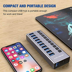 Powered USB Hub - ACASIS 10 Ports 48W USB 3.0 Data Hub - with Individual On/Off Switches and 12V/4A Power Adapter USB Hub 3.0 Splitter for Laptop, PC, Computer, Mobile HDD, Flash Drive and More