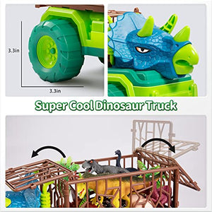 TEMI Dinosaur Truck Toy for Kids 3-5 Years, Triceratops Transport Car Carrier Truck with 8 Dino Figures, Activity Play Mat, Dino Eggs and Trees, Capture Jurassic Dinosaur Play Set for Boys and Girls