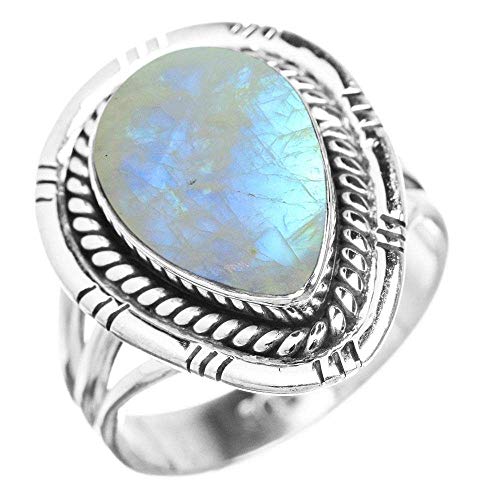 Genuine Rainbow Moonstone 10x14mm Pear & .925 Silver Plated Handmade Solitaire Ring (Size-8)