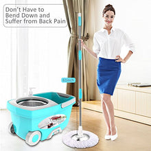 Load image into Gallery viewer, Tsmine Spin Mop Bucket System Stainless Steel Deluxe 360 Spinning Mop Bucket Floor Cleaning System with 6 Microfiber Replacement Head Refills,61"Extended Handle, 2x Wheel for Home Cleaning - MINT

