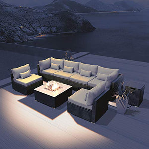 DINELI Patio Furniture Sectional Sofa with Gas Fire Pit Table Outdoor Patio Furniture Sets Propane Fire Pit (Light Gray-Square Table)