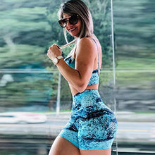 Load image into Gallery viewer, Women's High Waisted Tummy Control Athletic Yoga Shorts Rave Printed Ruched Butt Lifting Biker Workout Running Shorts Water Blue Medium
