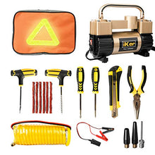 Load image into Gallery viewer, iKer Portable Air Compressor Pump Heavy Duty Tire Inflator for Car,Truck,SUV Tires,12V 70L/Min Double Cylinders Metal Air Pump 150PSI with Battery Clamp，11.5ft Extension Air Hose and Tire Repair Kit
