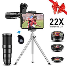 Load image into Gallery viewer, Apexel Phone Lens Kits-22x Telephoto Lens/205°Fisheye Lens/120°Wide Angle Lens&amp;20x Macro Lens/Tripod and Remote Shutter Works with iPhone 11 Plus X XS XR Samsung Huawei
