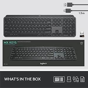 Logitech MX Keys Advanced Wireless Illuminated Keyboard, Tactile Responsive Typing, Backlighting, Bluetooth, USB-C, Apple macOS, Microsoft Windows, Linux, iOS, Android, Metal Build - Graphite