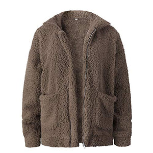 PRETTYGARDEN Women's Fashion Long Sleeve Lapel Zip Up Faux Shearling Shaggy Oversized Coat Jacket With Pockets Warm Winter (Coffee, Small)