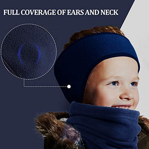 6 Pieces Kids Fleece Ear Warmer Headband with Neck Gaiter Set Winter Ear Muff Neck Scarf for Child Cycling Skiing (Black, Gray, Dark Blue)