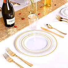 Load image into Gallery viewer, 120 Pieces Gold Plastic Plates, White Disposable Plates with Gold Rim, includes: 60 Dinner Plates 10.25”, 60 Dessert Plates 7.5”
