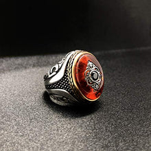 Load image into Gallery viewer, MEVA 925k Stamped Sterling Silver Carved Design Red Agate (aka Aqeeq) and Black Onyx Stone Men's Ring RKB0015 (10)
