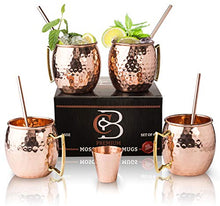 Load image into Gallery viewer, Moscow Mule Copper Mugs - Set of 4 - 100% HANDCRAFTED Pure Solid Copper Mugs - 16 Oz Gift Set with Highest Quality Cocktail Copper Straws, Copper Shot Glass &amp; 2 E-Books by Copper-Bar
