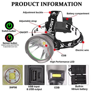 Led Rechargeable Headlamp, 10000 Lumens Super Bright LED Work Headlight Zoomable,Adjustable,8 Modes,Waterproof USB Rechargeable Head Lamp for Hiking, Running, Fishing, Camping