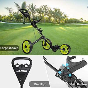 Janus Golf Push Cart, Golf cart for Golf Clubs, Golf Pull cart for Golf Bag, Golf Push carts 3 Wheel Folding, Golf Accessories for Men Women/Kids Practice and Game