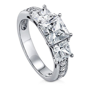 BERRICLE Rhodium Plated Sterling Silver Princess Cut Cubic Zirconia CZ 3-Stone Anniversary Promise Engagement Ring 3.25 CTW Size 10