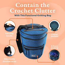 Load image into Gallery viewer, BeCraftee Crochet Bag - Large Craft Organizer to Store Crocheting &amp; Knitting Supplies - Portable Yarn Storage with 7 Pockets for Tools, Shoulder Strap and Handle - Blue
