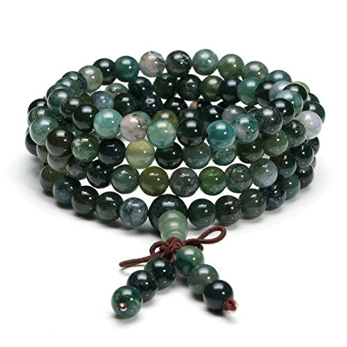 Jovivi 6mm Natural Moss Agate Stone Healing Gemstone 108 Mala Prayer Beads Stretch Bracelet Necklace
