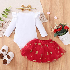 My First Valentine's Day Newborn Baby Girl Outfit Long Sleeve Romper + Valentine's Tutu Skirt + Headband 3PCS Clothing Set (White, 6-12 Months)