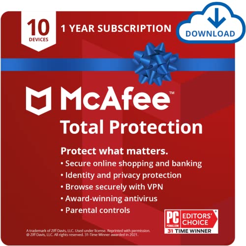 McAfee Total Protection 2022 | 10 Device | Antivirus Internet Security Software | VPN, Password Manager, Dark Web Monitoring & Parental Controls Included | 1 Year Subscription | Download Code