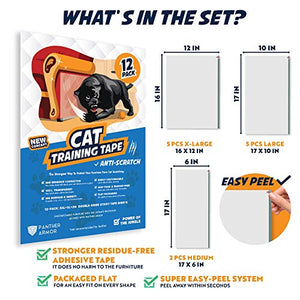 Panther Armor Cat Scratch Deterrent Tape – 12-Pack Double Sided Anti Scratching Sticky Tape – 5-Pack XL 16”L 12”W + 5-Pack Large 17”L 10”W + 2-Pack M 17”L 6”W Furniture Protectors – Training Tape